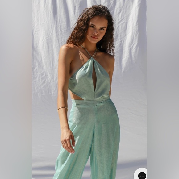 Jen’s Pirate Booty Avalon Jumpsuit Dusty Turquoise Halter  Side Cut Out Small - Picture 2 of 6